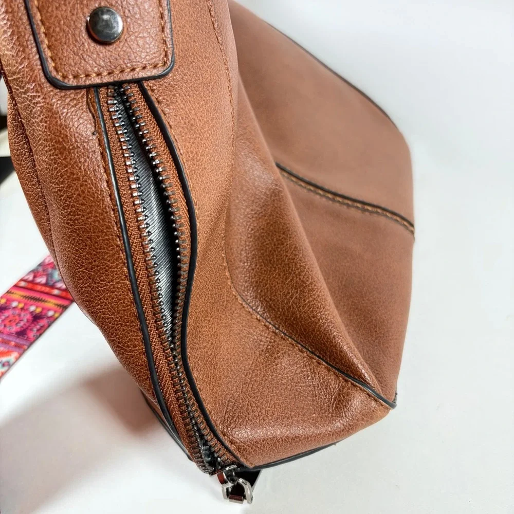 Realer Brown Vegan Leather Hobo Bag Southwestern Guitar Strap Crossbody Boho